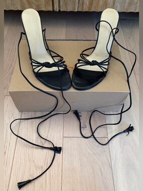 Black open toe leather heels